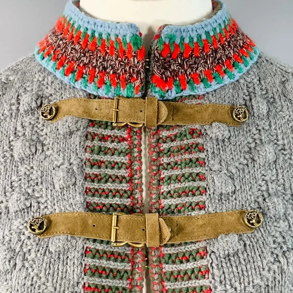 CHANEL Grey Multi Color Wool Cable Knit Bobble Leather Trim Jacket